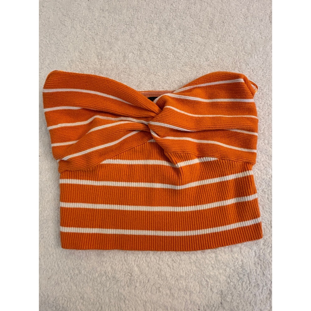 Papermoon Orange White Striped Twist‎ Front Ribbed Knit Tube Top Small